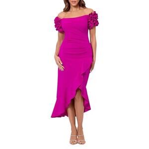 Xscape Sz 12 Pink Loretta Scuba Crepe Off the Shoulder Ruffle Midi Dress J15-19